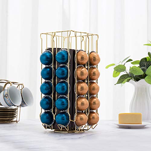 Mygift Stainless Steel Brass Metal Coffee Pod Holder Storage Organizer Stand With 360 Degree Rotating Carousel With Sleeve Storage Compartment, Compatible With Nespresso Vertuo Capsule #TOP2