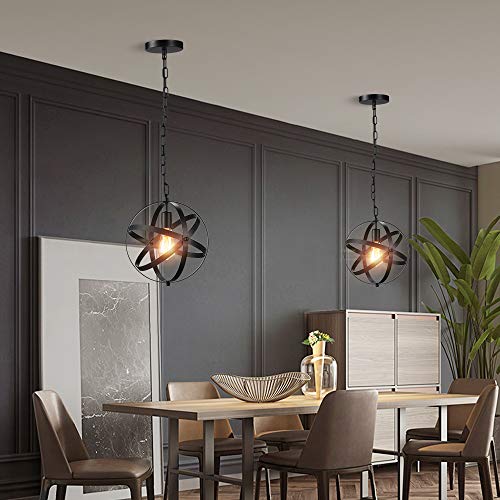 Asnxcju Industrial Metal Black Pendant Light, Vintage Spherical Cage Hanging Pendant Light Fixture With 47.24 Inch Adjustable Chain For Kitchen Island Dining Room Entryway Foyer Hallway 2 Pack #TOP4