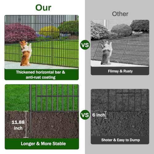 Image of 10 Panel No Dig Decorative Garden Fence with Gate 48 inchH x 22.6'L Dog Barrier | Rustproof welded Metal with deep stakes for outdoor yards, patios. Modular design contains pets, rabbits, small animals.