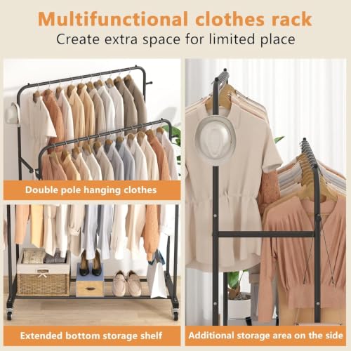 Image of Heavy Duty Clothes Drying Stand for Clothes - Double Rod Cloth Drying Stand Metal with Wheels & Side Hooks | Foldable Clothes Rack Kapde Stand for Balcony,Bedroom,Home