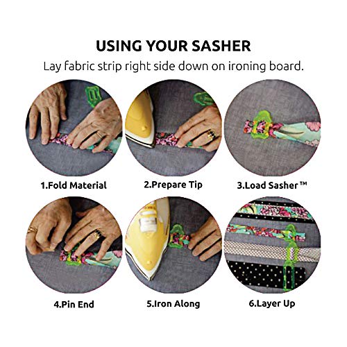 Jelly Roll Sasher Tool Set, 10 Pcs Multi-Sizes Sasher for Folding Fabric and Biasing Strips, Come with 40 pcs of Multi-color Quilting Pins and Storage Chain, 1/8", 1/4", 1/2", 3/4", 1", 1-1/8", 1-1/4"