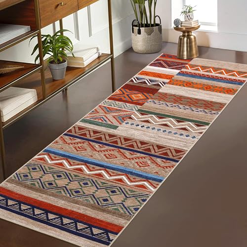 GarveeHome Vintage Patchwork Runner Rug 2x6 Washable Beige Runners for Hallway, Non Slip Geometric Carpet, Stain Resistant Tribal Soft Mat, Low Pile Foldable Floor Cover for Entryway Bathroom Bedroom
