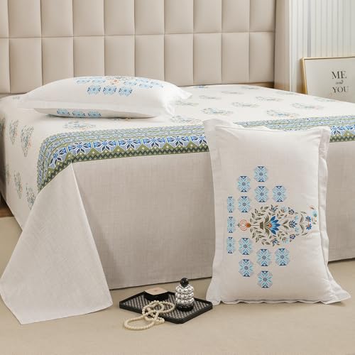 Story@Home Bedsheet for Double Bed King Size 260TC White & Blue, Motif Design, 1 Piece Cotton bedsheets for King Size Bed | 2 Pillow Covers (270 x270cm) Perfect for Home Decor | 100% Cotton bedsheet