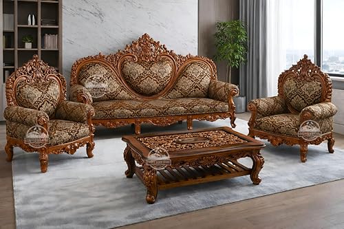 Image of Royal Carved Wooden Sofa Set | 3+1+1 Seater | Antique with Floral Tufted Velvet Upholstery With Carving Center Table| Victorian Style Furniture Tufted Sofa Set Brown 4-Piece (Design 4)