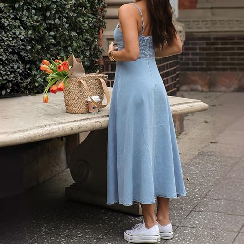 Women's V Neck Sexy Sleeveless Cami Denim Long Dress, A-Line Flowy Jean Summer Beach Midi Dresses3