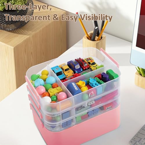 Image of Gifhomfix 4-Layer Plastic Craft Organizers and Storage Box with Removable Trays, Storage Containers with lids and Handle, Art Supply Storage Organizer for Organizing Bead, Sewing, Tool(Pink)