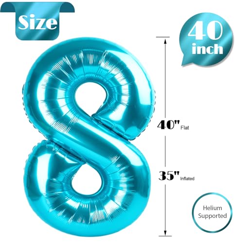 Image of Light Blue Number 8 Balloon 40 Inch, 8th Birthday Party Decorations, Giant 8 Foil Balloon for Party Supplies