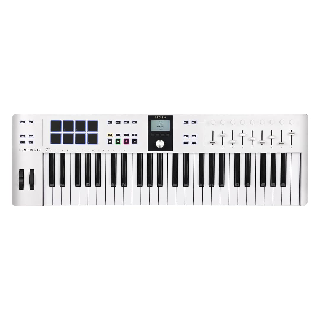 Arturia KeyLab 49 mk3 MIDI Controller Keyboard, 49 Keys, 9 Encoders, 9 Faders, Modulation, Pitch Wheels, 12 Pads, with software bundle, NKS Compatible, White