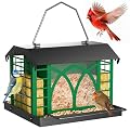 Bird Feeders for Outdoors Hanging, Metal Bird Feeder with Double Suet Cage Weatherproof Metal Roof, 3.5Lbs Large Capacity Great for Attracting Finch Cardinal Chickadee Wild Birds, Branch Green
