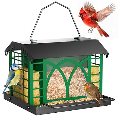 Bird Feeders for Outdoors Hanging, Metal Bird Feeder with Double Suet Cage Weatherproof Metal Roof, 3.5Lbs Large Capacity Great for Attracting Finch Cardinal Chickadee Wild Birds, Branch Green