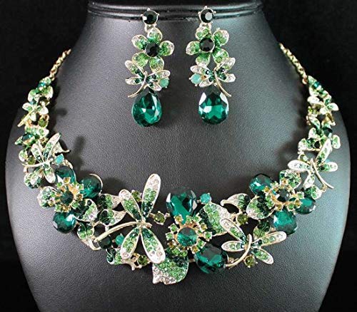 Dragonfly Clear Green Austrian Rhinestone Crystal Bib Statement Necklace Dangle Earrings Set Gold Or Silver Tone Bridal Prom Party N1780 (Green/Gold) #TOP1