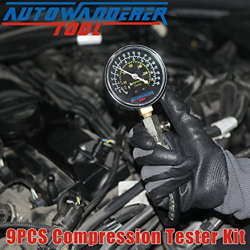 Autowanderer Tool 9Pcs Engine Compression Tester Kit With Spark Plug Tester, Universal Automotive Petrol Gas Cylinder Pressure Gauge Set Engine Testing Tools M10, M12, M14, M18 Fitting #TOP5