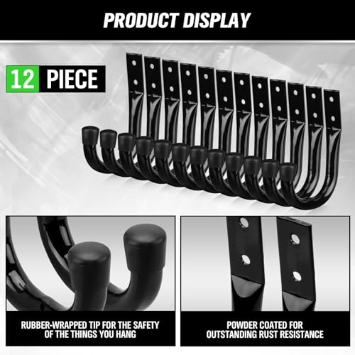 Image of Heavy Duty Garage Storage Hooks, 12-piece Bike Hooks for Garage Wall, Utility Garage Hooks, Wall Mount J Hook for Hanging, Large Metal Storage Organizer Tool, Extension Cord Hanger