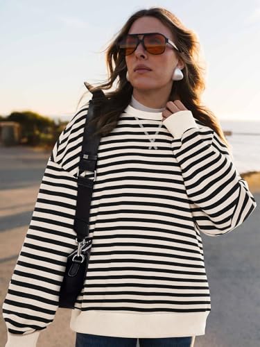 Image of PRETTYGARDEN Womens Striped Oversized Sweatshirt Color Block Crew Neck Long Sleeve Casual Loose Pullover Top Y2K Clothes