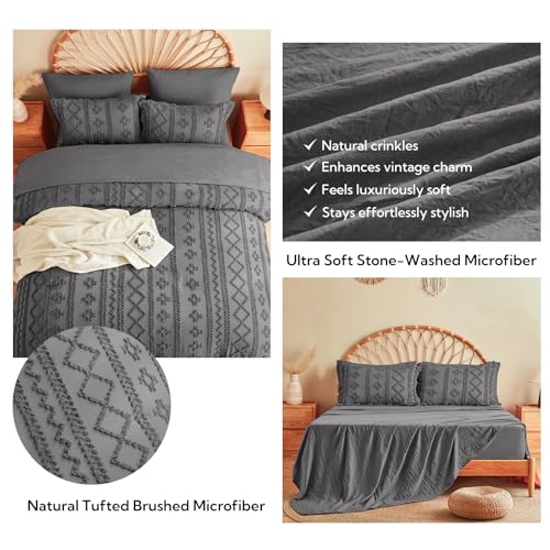 Image of MR&HM Full Size Bed Sheets and Comforter Set Dark Grey, 7 Pieces Tufted Boho Beddding Sets, Farmhouse Style Bed in a Bag with 1 Comforter, 2 Pillow Shams, 2 Pillowcases, 1 Flat Sheet, 1 Fitted Sheet