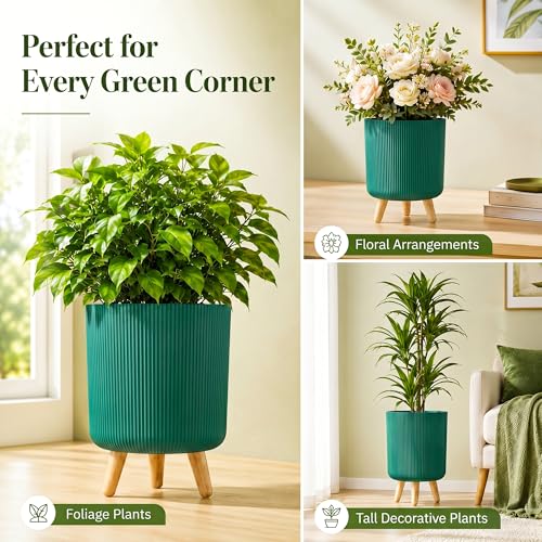 Image of Eightiz Store Modern Green Flower Pot with Plastic Legs | Indoor Outdoor Planter for Home Garden Balcony Decor Ribbed Design Sturdy Plastic Mid-Century Style (Green, Pack of 2)