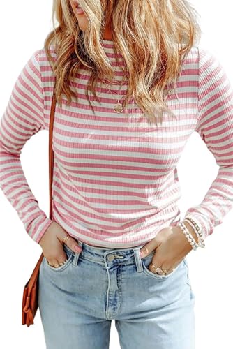 Image of Melliflo Womens Long Sleeve Mock Neck Striped Shirt Casual Cute Color Block Knit Tops Trendy Fall Fitted Basic Outfits