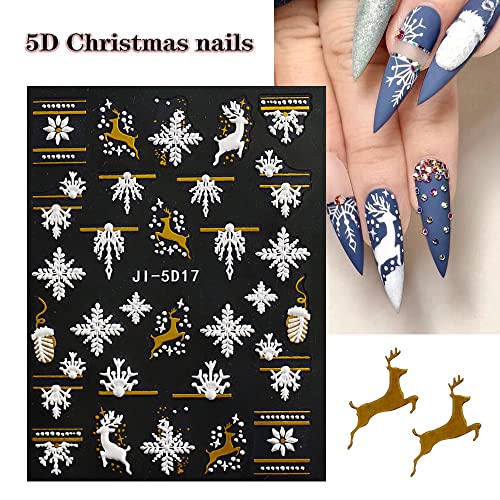 3D Christmas Nail Art Sticker Decal Snowflake Nail Stickers For Acrylic Nail Decoration Candy Cane Stripes Santa Claus Elk Snowflake Embossed Exquisite Design For Women Christmas Gift 5 Sheets #TOP5