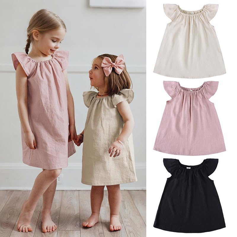 Girl's Dresses Cotton Linen Ruffle Sleeve A-Line Cute Midi Casual Sundress 2-6 Years2