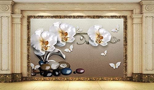 Miniatura 3 de Murwall 3D Floral Wallpaper White Orchid Wall Mural 3D Pebble Wall Print White Butterfly Wall Art Classical Home Decor