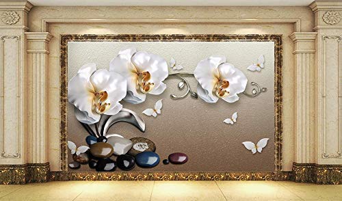 Miniatura 3 de Murwall 3D Floral Wallpaper White Orchid Wall Mural 3D Pebble Wall Print White Butterfly Wall Art Classical Home Decor
