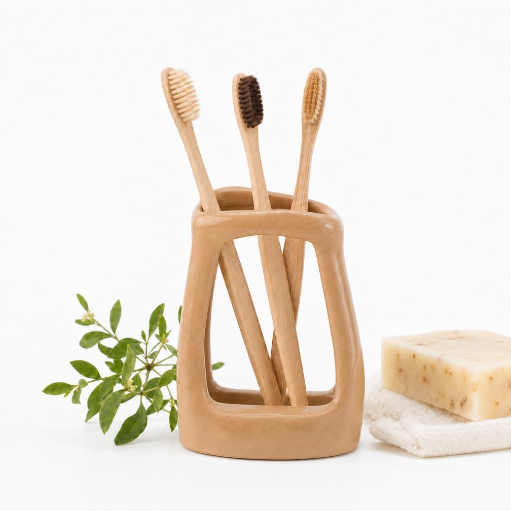 Ceramic Toothbrush Stand Holder with Toothpaste Storage, Desktop Bathroom Organizer Rack, White