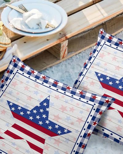 HELLOWINK Outdoor Pillows Waterproof Pillow Covers Set of 2 Independence Day Stars Polyester Throw Pillow Covers Garden Cushion Case for Patio Funiture Sofa Decoration 24x24inch American Flag Wood