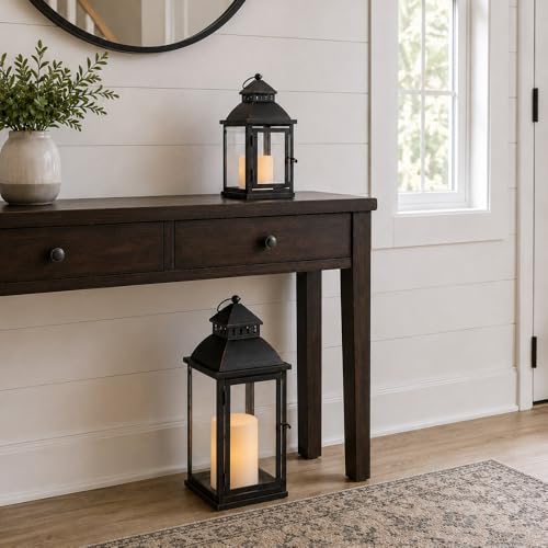 Image of NEEDOMO Lanterns Decorative Outdoor&Indoor, Set of 2 Large Bronze Metal Lantern Decor with Glass, Candle Holder for Porch, Patio, Garden, Balcony, Wedding, Table Centerpiece Decor with LED Candles