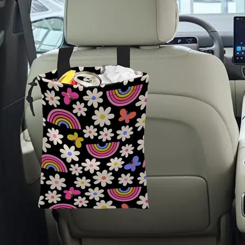 Image of Car Trash Bag Daisy Rainbow Butterfly Car Garbage Bag Hanging Car Trash Can for Back Seat with Drawstring, Waterproof Garbage Bags for Car Accessories Vehicle Travelling Camping Outdoor