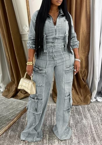 Tbahhir Womens 2 Piece Sets Denim Outfits Long Sleeve Crop Jean Jackets Cargo Pants with Pockets Y2k3