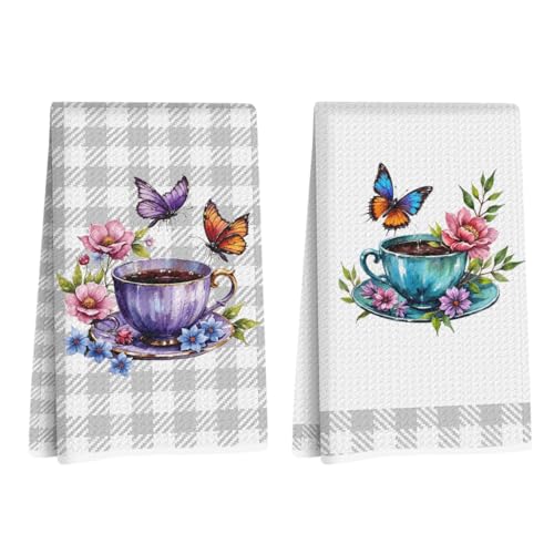 Image of 2Pcs Butterfly Kitchen Towels 24x14 Inch, Grid Floral Reusable Microfiber Dish Cloth Hand Towel, Coffee Waffle Weave Tea Towels for Bathroom Kitchen Farmhouse Decor, Flowers Gifts for Women Friend