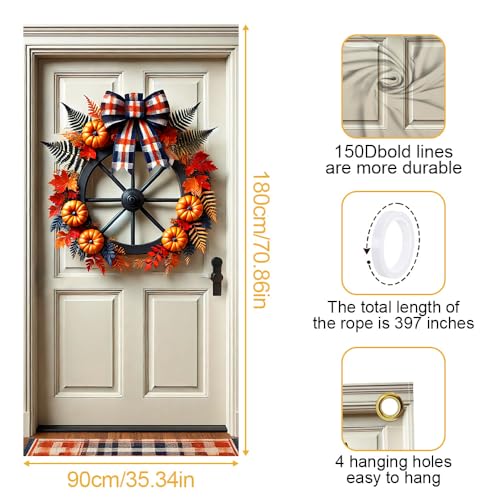 Image of Fall Wagon Wheel Door Cover 35x71in Pumpkin Maple Plaid