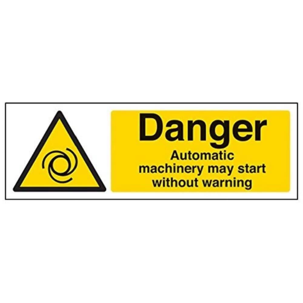 V Safety Danger Automatic Machinery May Starts Without Warning Sign - 300mm x 100mm - Self Adhesive Vinyl