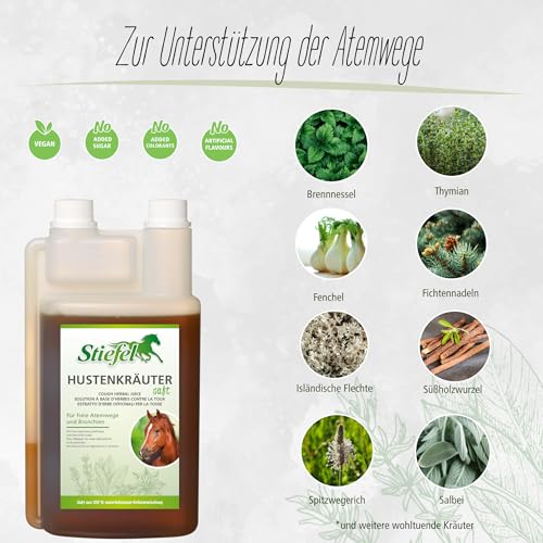 Stiefel Hustenkräutersaft für Pferde, aus einer 100% naturbelassenen Kräutermischung, kann die Atemwege und Bronchien unterstützen, flüssig mit Dosierflasche, 1l