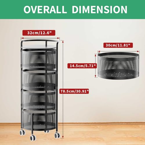 Kitchen Storage Rack No Assembly, 4-Tier Metal Storage Tower Cart Organizer on Rolling Wheels with Removal Basket for Fruit Vegetable Grocery Corns Potato Onion,Fruteros Para Cocina (4-Tier, Black)