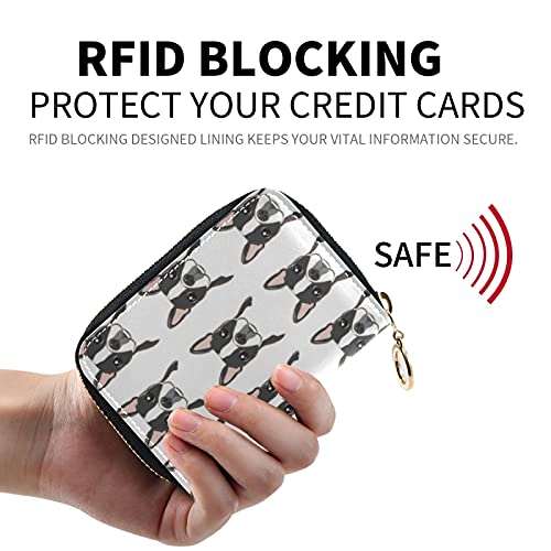 Grey Pink Boston Terrier Dog Face Head Seamless Isolated on WhiteGrey Credit Card Coin wallet, RFID Blocking Compact Women Leather Card Holder, Key Change Organizer, Zipper Purse Clutch Pouch Pocket2