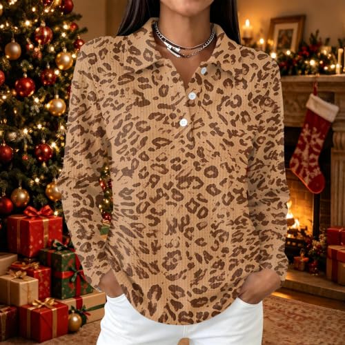 Women's Waffle Knit Tops Leopard Oversized Collared Long Sleeve Pullover - image 2