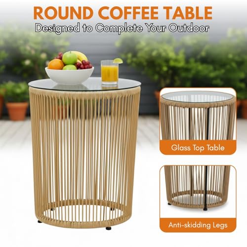 Image of DEVOKO Rope Outdoor 3-Piece Patio Chair Glass Top Round Table Set with All-Weather Rope Design Sturdy Durable Metal Frame for Garden, Balcony, Terrace, Deck(Beige)