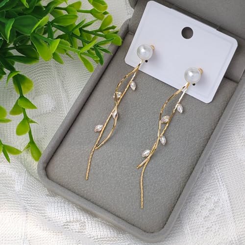 Pearl Dangle Earrings Zirconia Rhinestone Dangling Earrings for Women Pearl Wedding Bridal Earring for Brides Bridesmaids, Leaf Brides Earring Prom Party Jewelry Gifts2