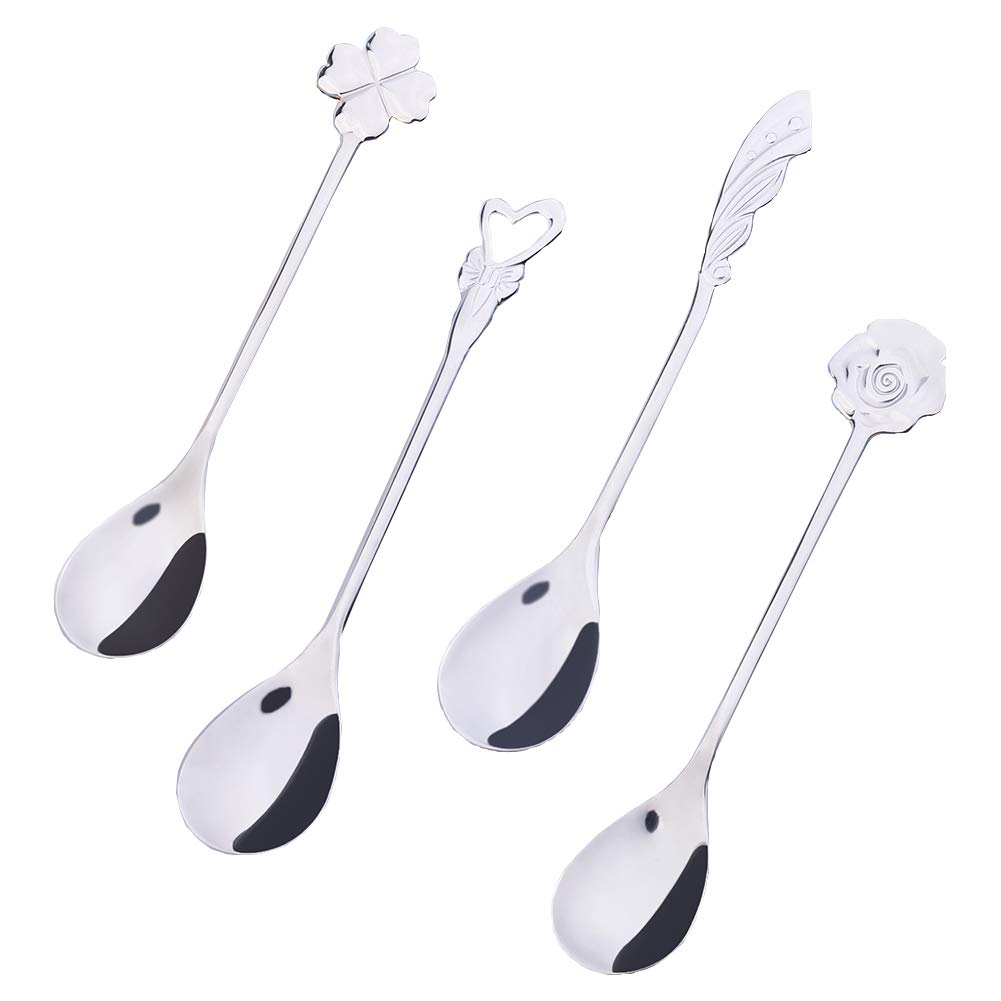JUMEIHUI coffee spoon, mixing spoon, stainless steel creative soup spoon, suitable for tea, cake, candy, dessert ice cream soup spoon, 1 set contains 4 different patterns（Silver）