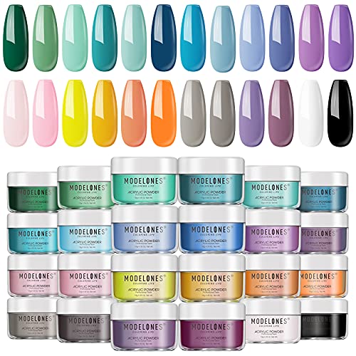 Modelones 24 Pcs Vacation Acrylic Powder Set, 24 Colors Polymer Colored Acrylic Nail System Colorful Set Nail Art Powder for Nail Extension French Nails 3D Flowers, No Nail Lamp Needed