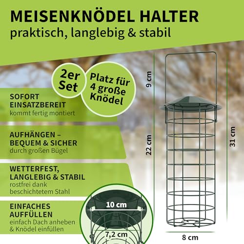 TTL Garden 2er Set 31cm Meisenknödelhalter mit Dach - Meisenknödel Halter für Wildvögel rund Ø 8 cm Stahl rostfrei grün pulverbeschichtet Futterstelle Vogelfutterspender für Garten Balkon Terrasse