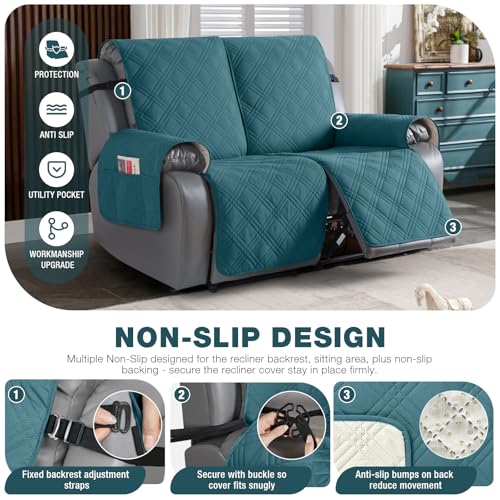Image of TAOCOCO 100% Waterproof Loveseat Recliner Covers 2 Seater, Split Loveseat Covers for Reclining loveseat, Non Slip Reclining Couch Cover with Double Straps for Kids, Pets(2 Seater, Peacock Blue)