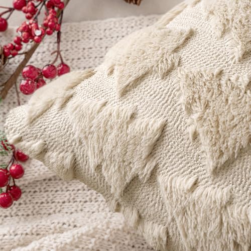 MIULEE Christmas Cushion Covers Pack of 2 Embroidery Fluffy Soft Faux Fur Decorative Throw Pillow Cover Decoration for Sofa Bedroom,18 x 18 Inches,Cute Christmas Tree Pattern,Beign - Image 3