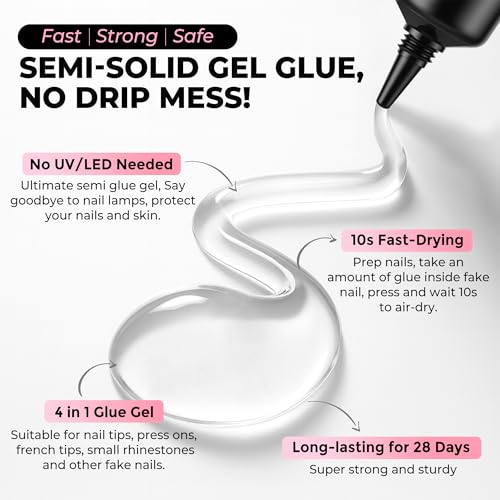 Image of Luckyfairy 15g Nail Glue for Press Ons with 10ml Nail Glue Remover, Quick Dry Super Strong Semi Solid Glue, No Need Lamp Cured & Tools, Gentle Glueoff Non-Acetone Nail Polish Remover