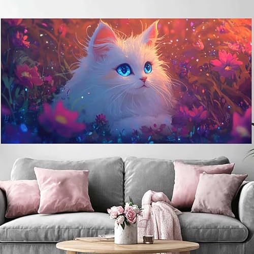 Diamond Painting Chat 50x100cm, Kit Broderie Diamant 5D Grand Format Fleur pour Décoration Murale