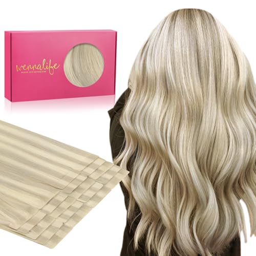 Image of WENNALIFE Invisi Edge Tape in Hair Extensions Human Hair,#17A /60A,20 Inch | 20 Inch 50g 20pcs (Invisi Edge & Classic) Ash Blonde Highlighted Platinum Blonde Invisi Remy Hair Injected