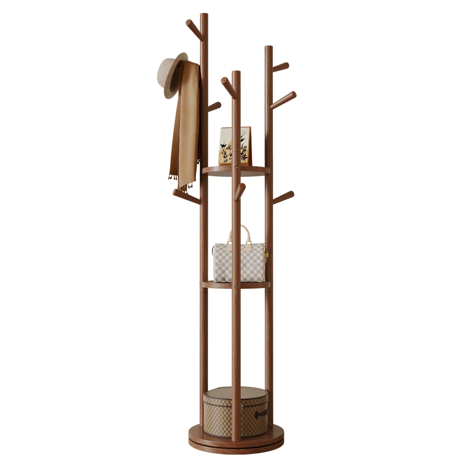 Mangowood 天然木製 コートハンガー 回転式 3段棚付き - ポールハンガー おしゃれ かばんかけ スタンド 服かけ ハンガーポール 組立簡単 コート掛け | 高さ164cm | ウォールナット | ZHYJ001