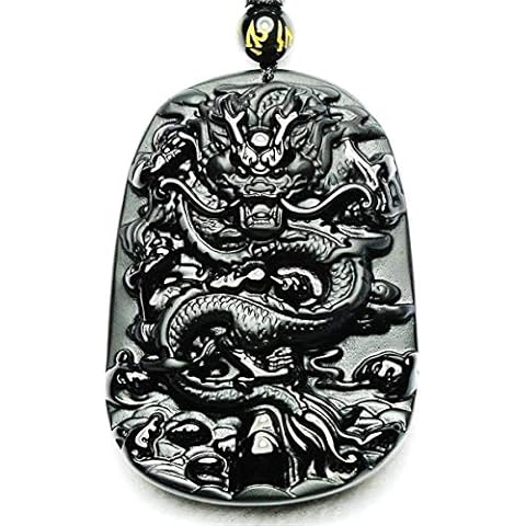 Dragon Carved Obsidian Pendant Necklace for Women Man, Obsidian Crystal Pattern with Extend Beads Chains,Protection Amulet Charm Cover