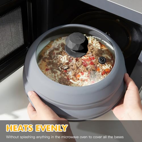 Image of Microwave Splatter Cover Vented Glass Splatter Guard Lid with Collapsible Silicone for Food as Pot Cover Plate 9.8 inch Light Grey